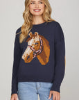 HORSE PRINT SWEATER WITH ELBOW PATCH