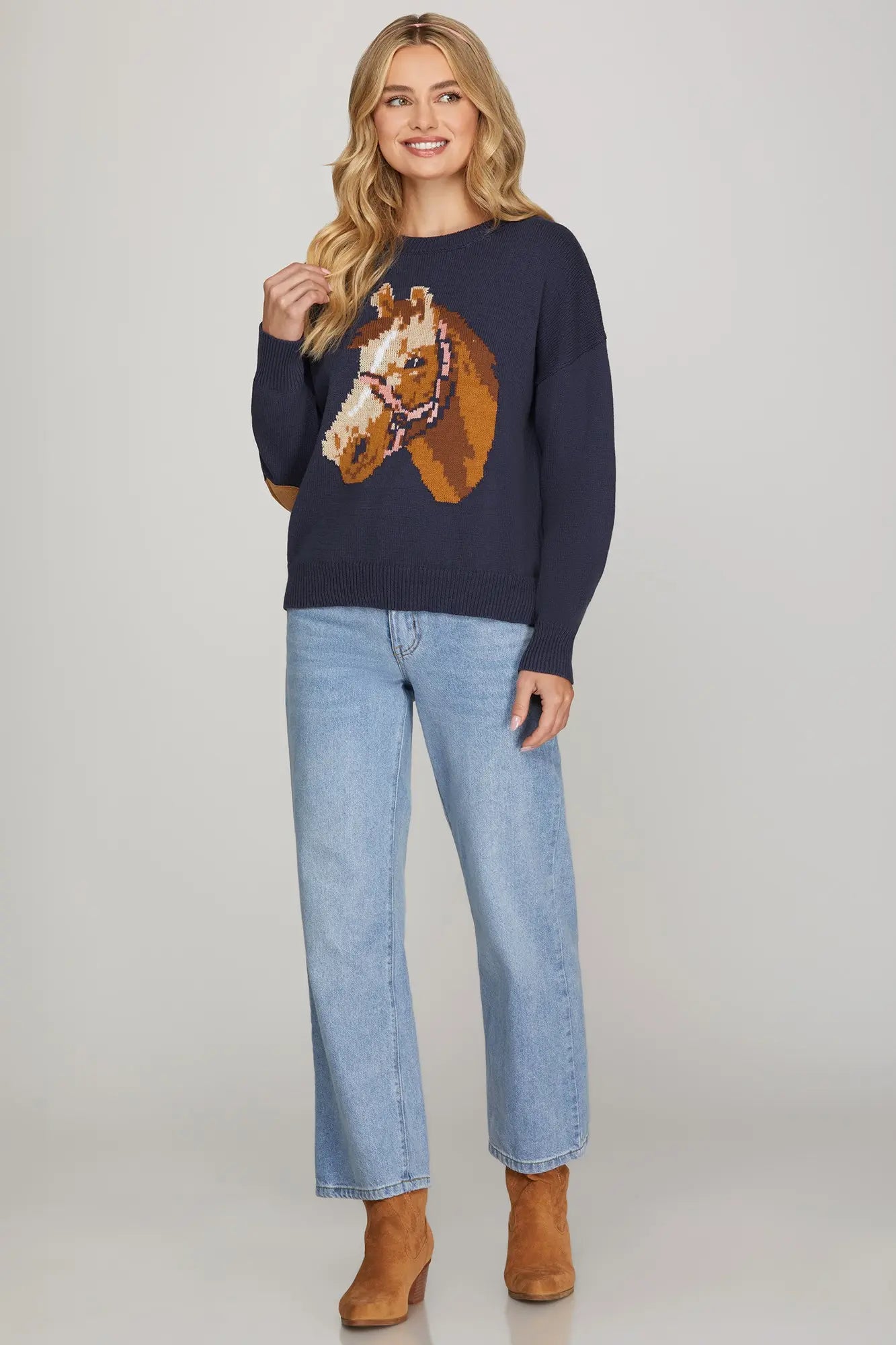 HORSE PRINT SWEATER WITH ELBOW PATCH