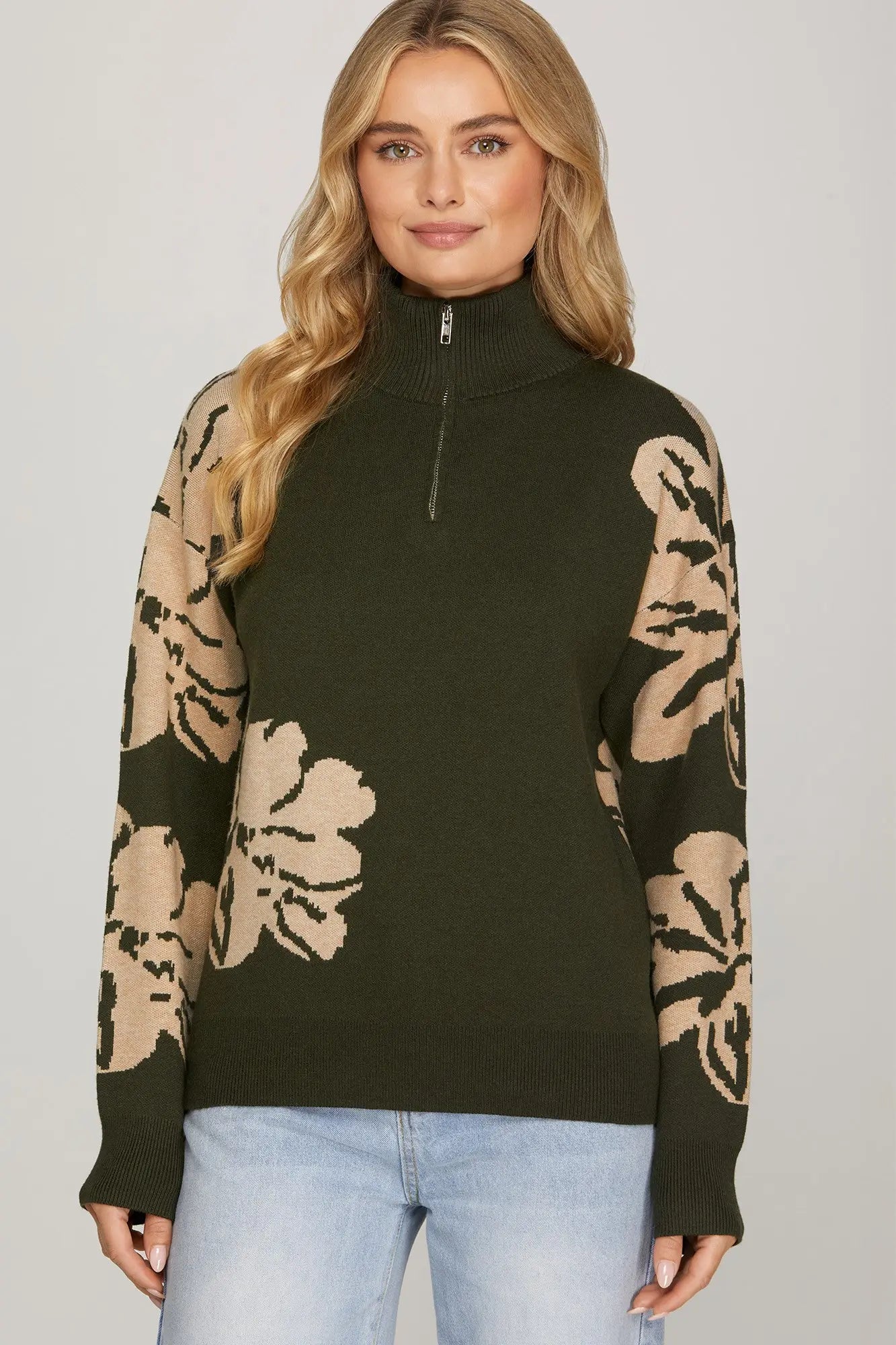 FLORAL PRINT 1/2 ZIP SWEATER