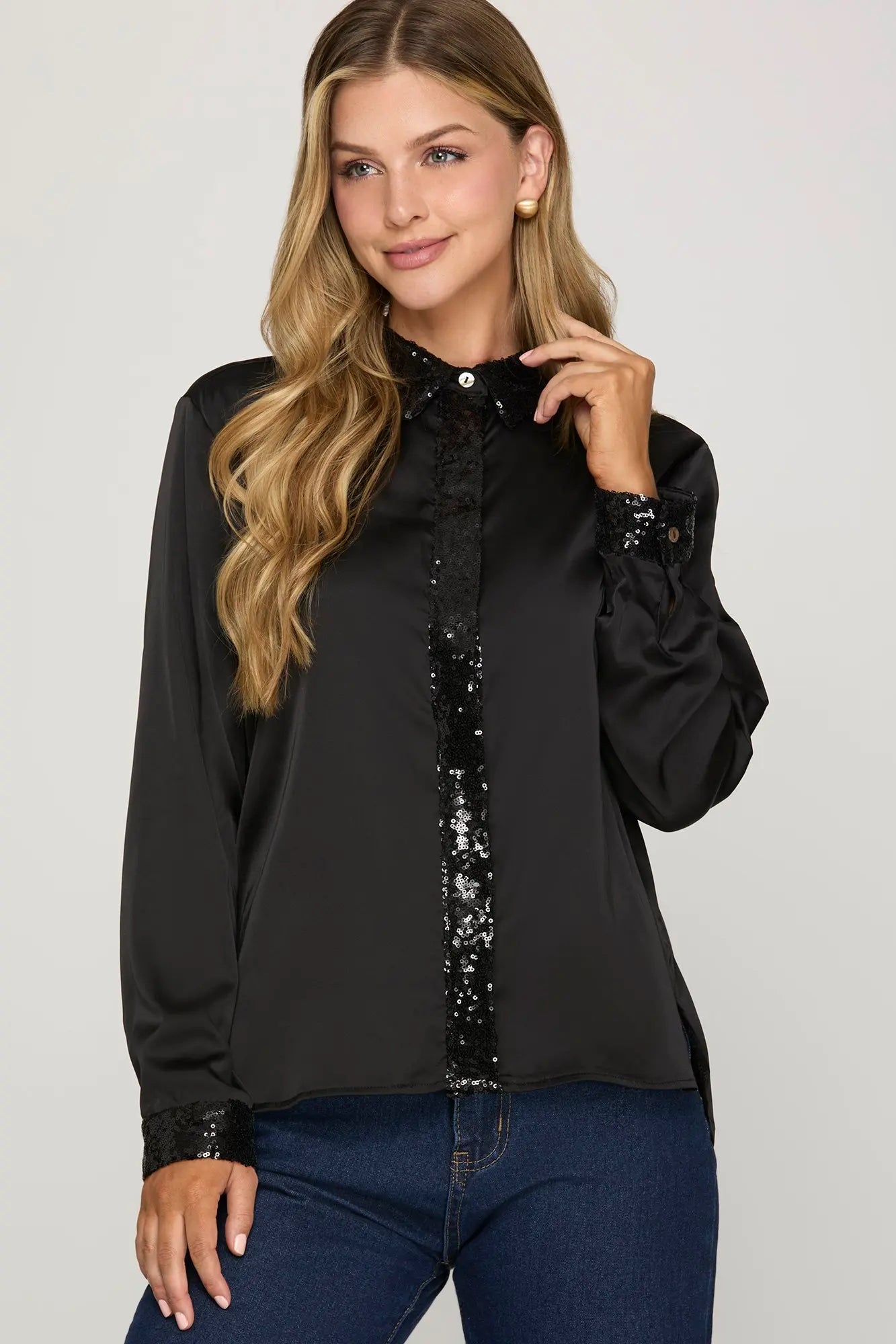 SEQUINED COLLAR & CUFF SATIN BLOUSE