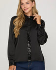 SEQUINED COLLAR & CUFF SATIN BLOUSE