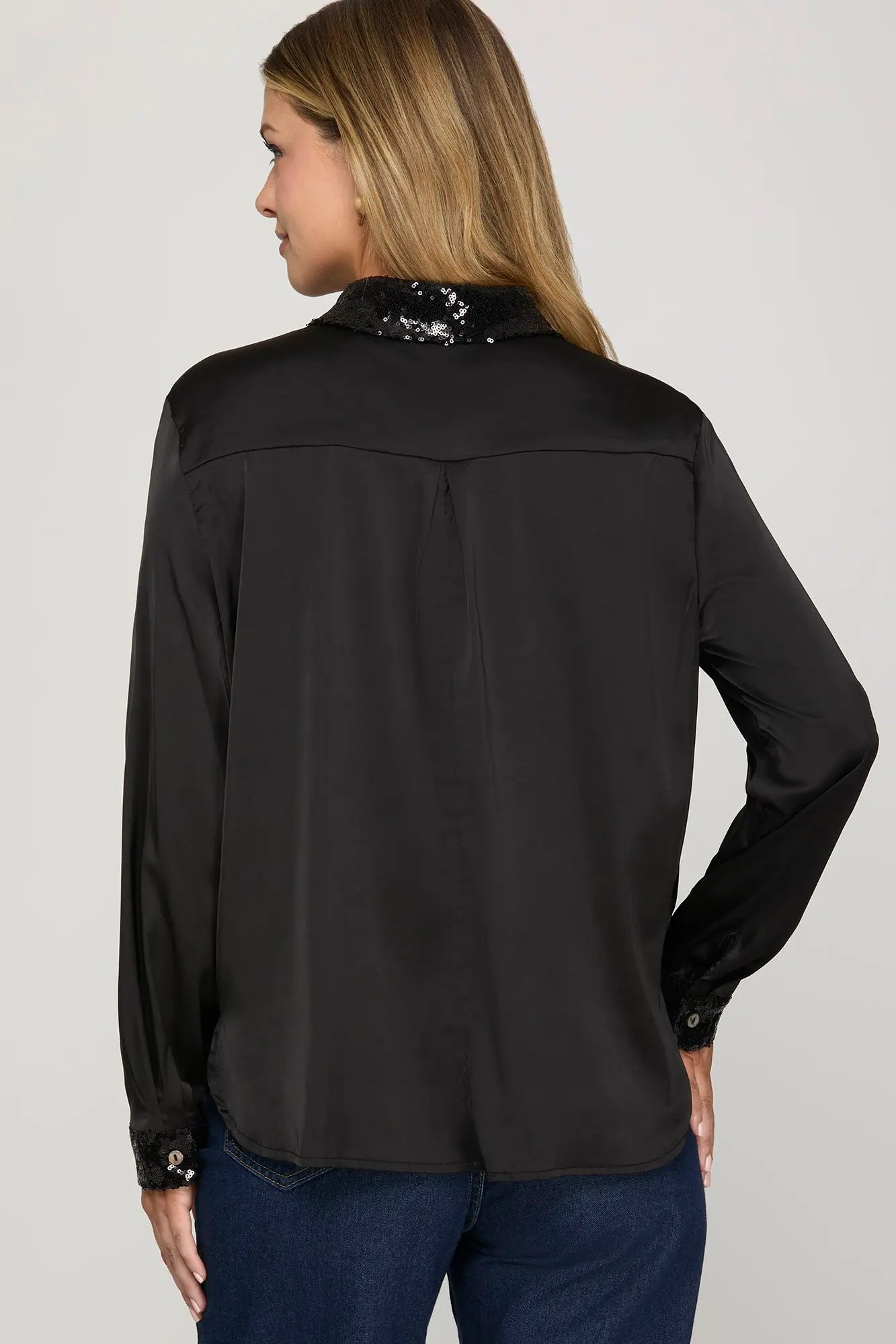 SEQUINED COLLAR & CUFF SATIN BLOUSE