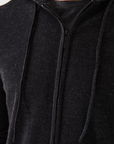 close up front view of the 14GG MERINO FULL ZIP HOODIE in black melange