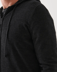 close up side view of the 14GG MERINO FULL ZIP HOODIE in black melange