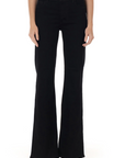 model wearing fidelity denim katie trouser fit in jett black, shown from the waist down