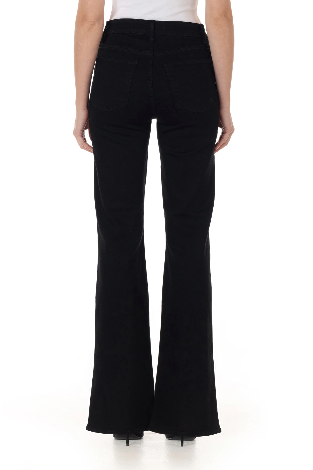 model wearing fidelity denim katie trouser fit in jett black, shown from the rear