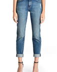 model wearing fidelity denim axl girlfriend fit jean in mao blue, shown from the waist down