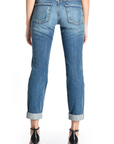 model wearing fidelity denim axl girlfriend fit jean in mao blue, shown from the rear