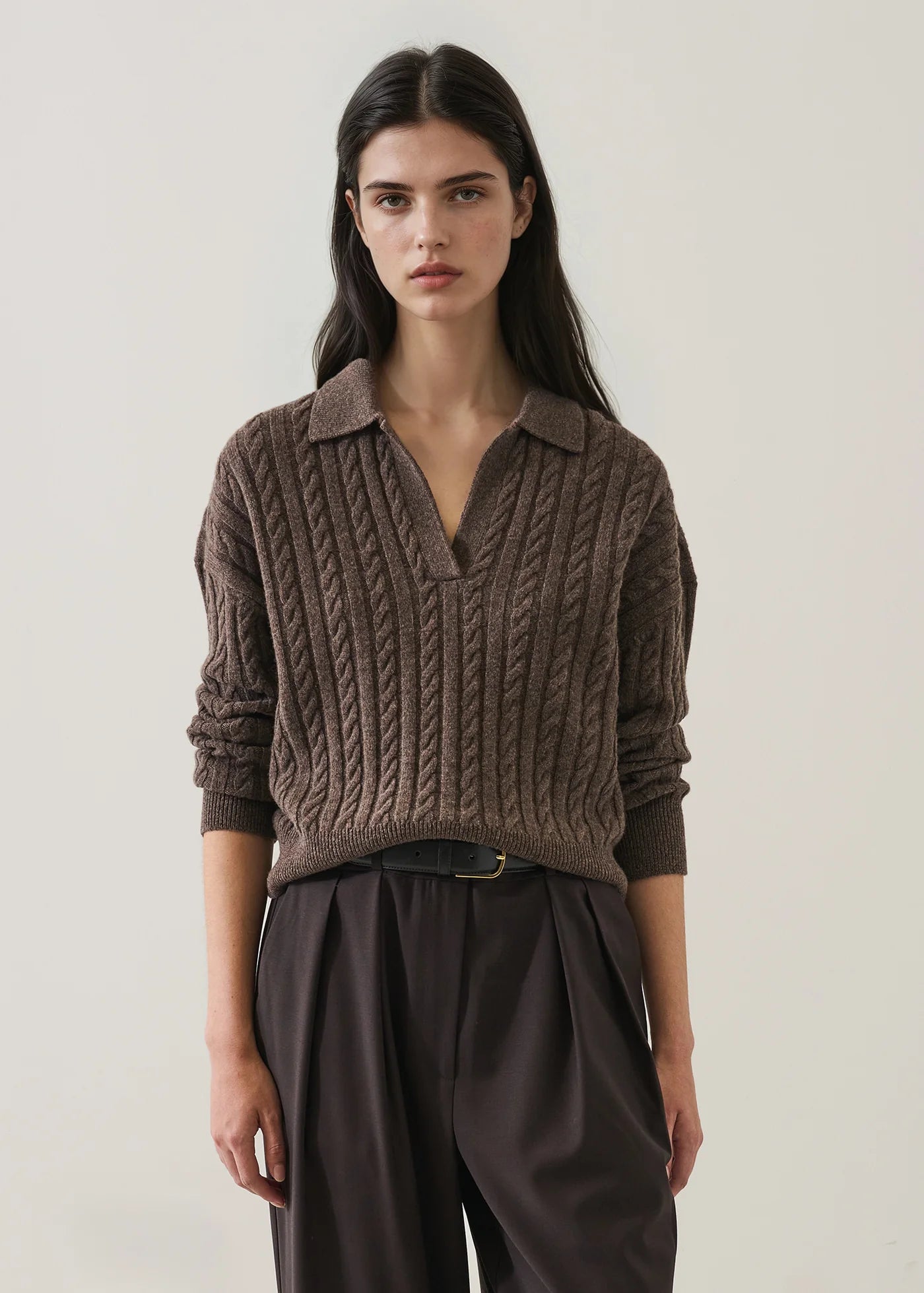 SUPERFINE WOOL CABLE RELAXED POLO SWEATER