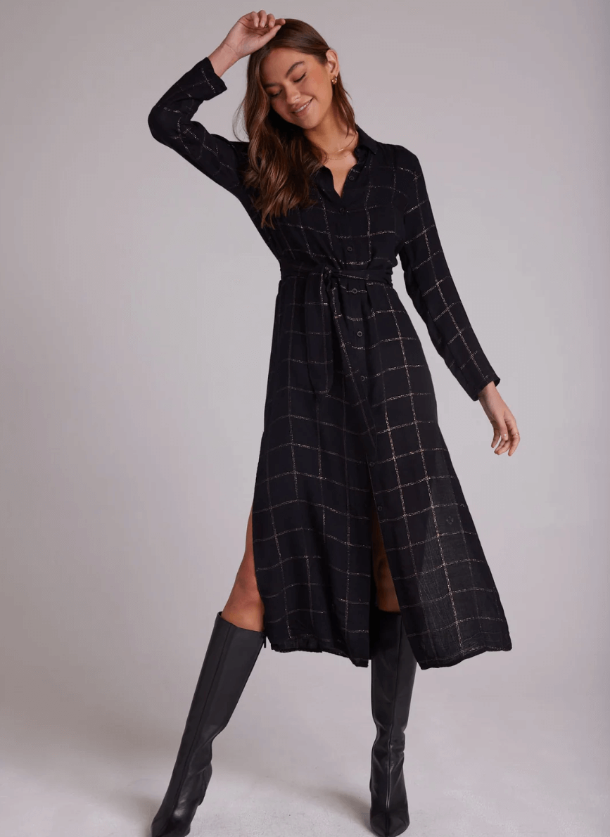 PLAID MAXI SHIRT DRESS WITH SMOCKED WAIST