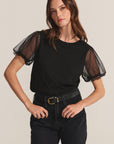 JUSTINE SHEER PUFF SLEEVE COTTON SLUB TOP
