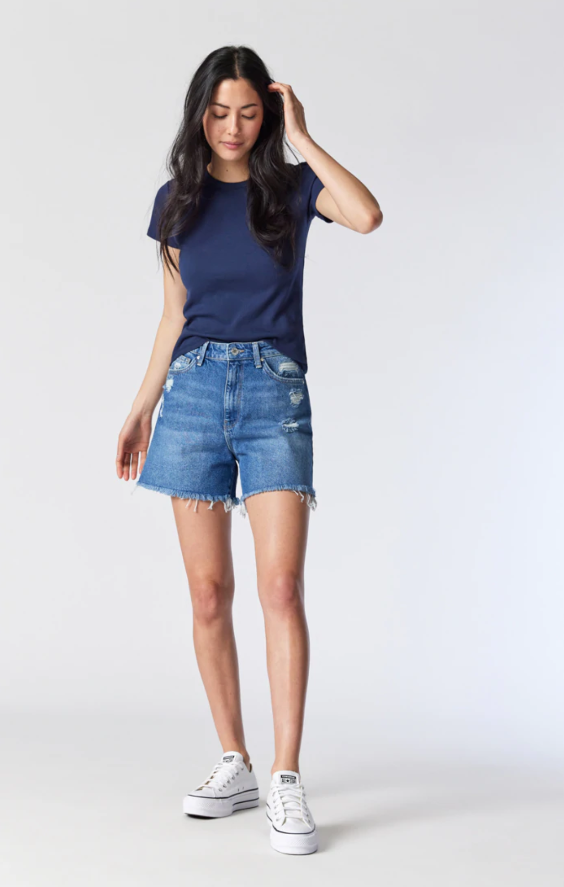 Dark blue denim shorts top women