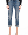 model wearing fidelity denim axl girlfriend fit in lagoon blue, front