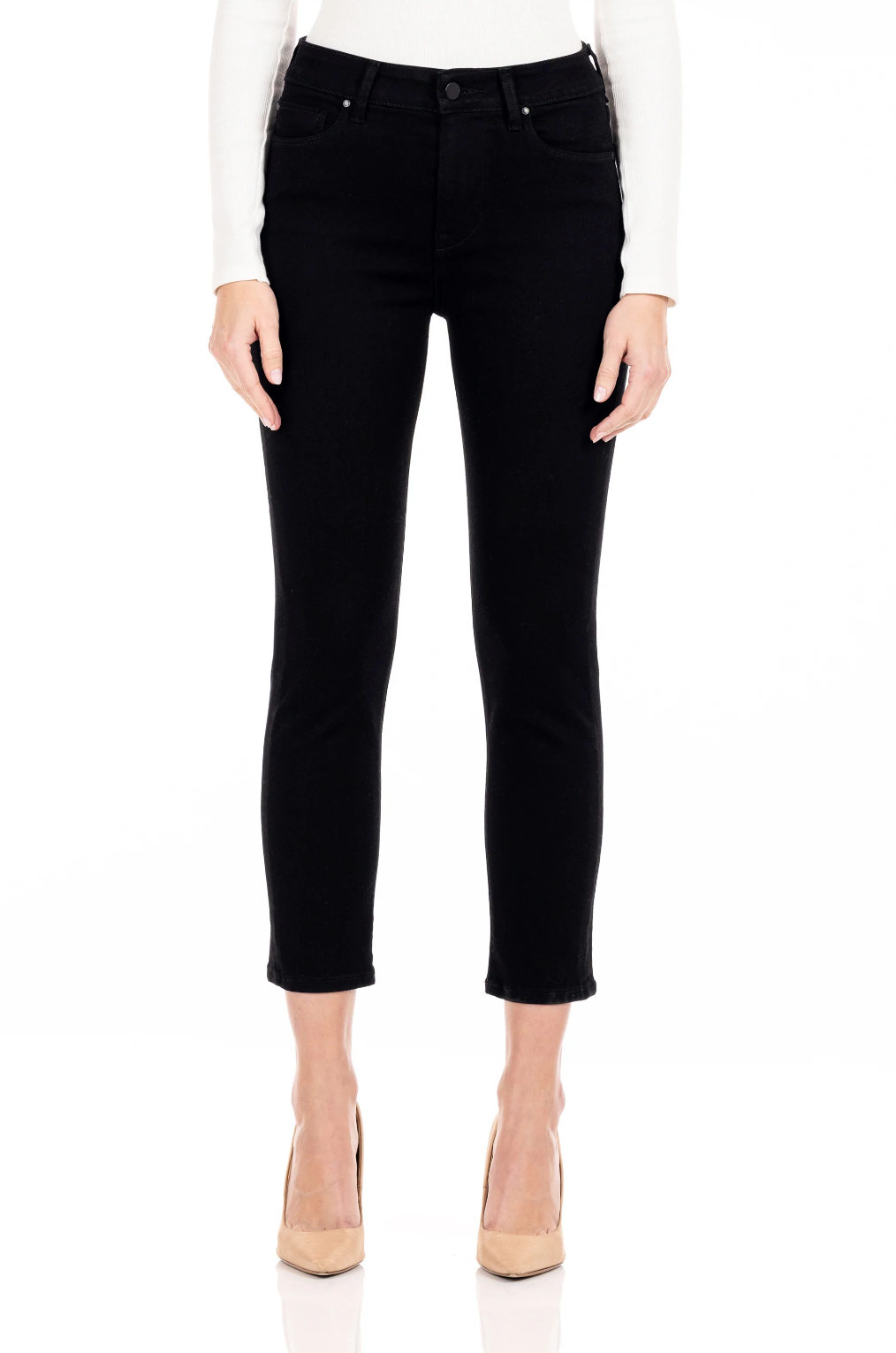 model wearing fidelity denim cher slim jean in noir black, shown from the waist down