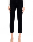 model wearing fidelity denim cher slim jean in noir black, shown from the waist down