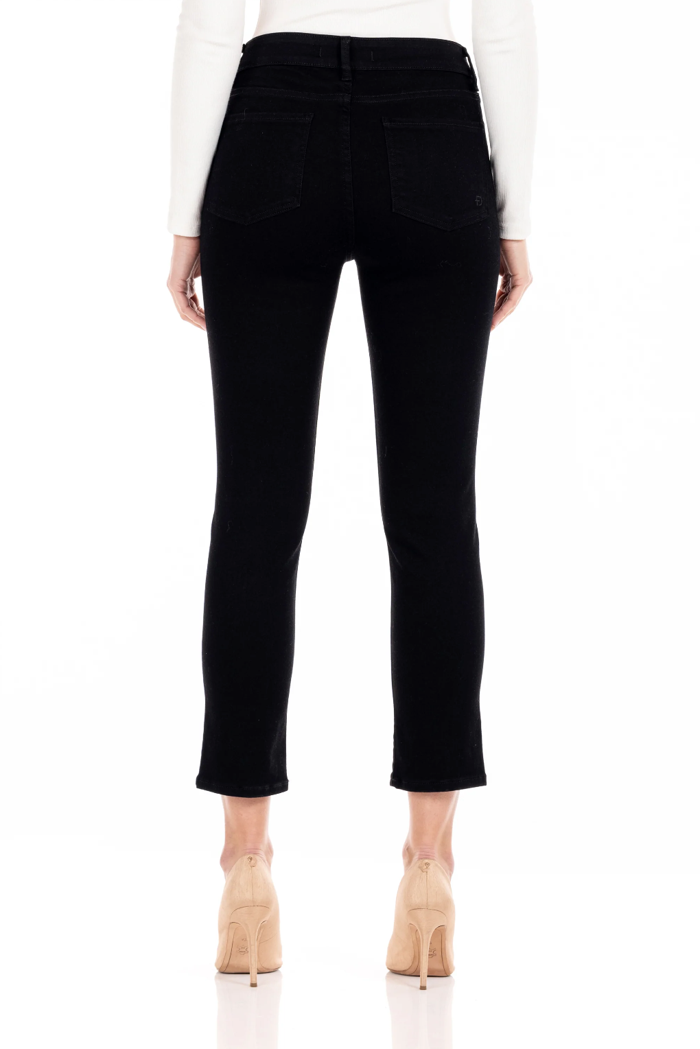 model wearing fidelity denim cher slim jean in noir black, shown from the rear
