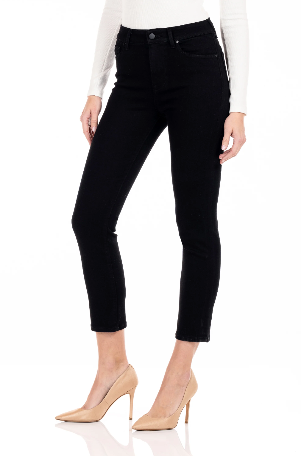 model wearing fidelity denim cher slim jean in noir black, shown from the side