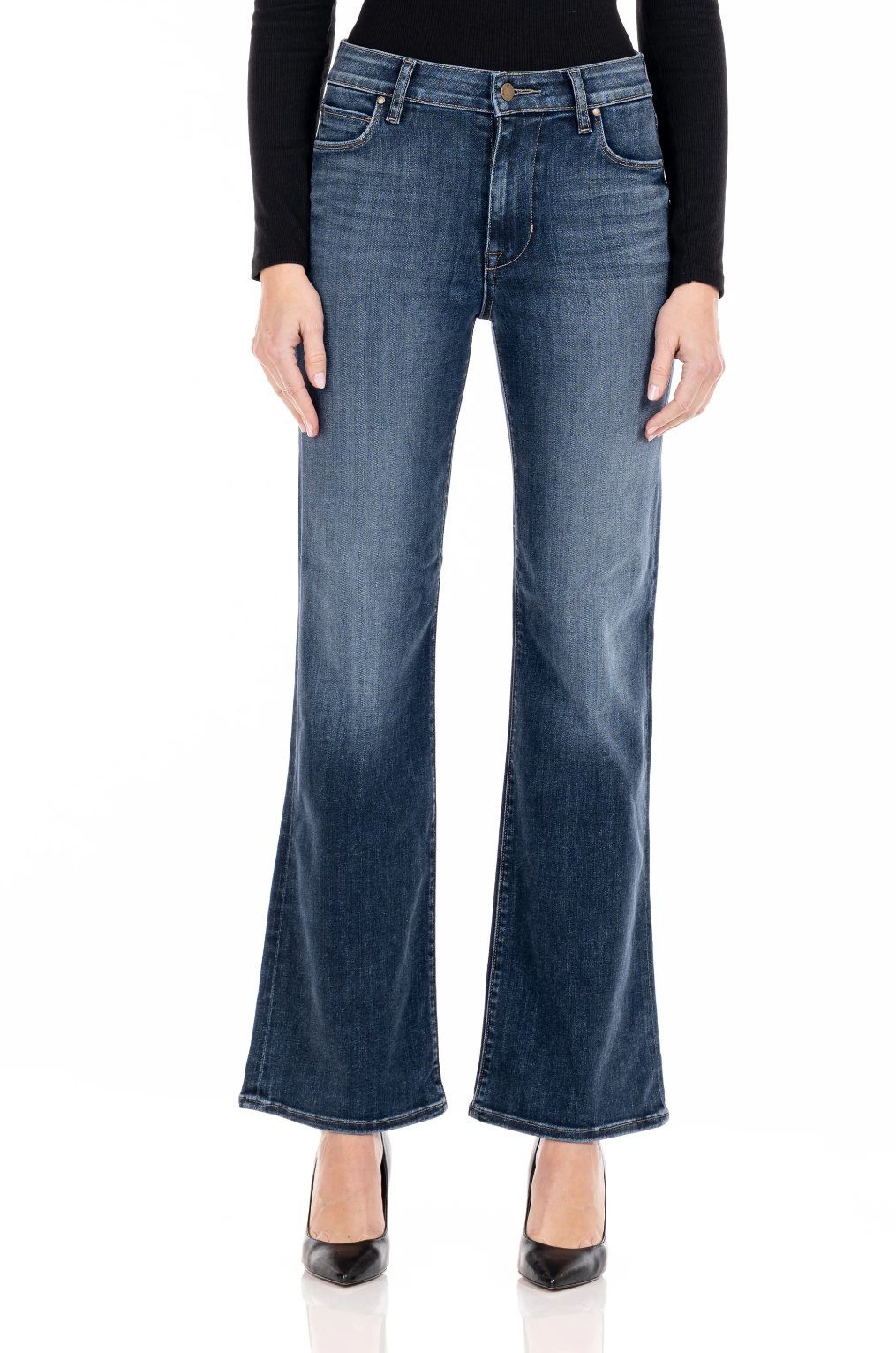 model wearing fidelity denim katie trouser fit in st tropez blue, shown from the waist down