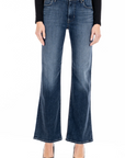 model wearing fidelity denim katie trouser fit in st tropez blue, shown from the waist down