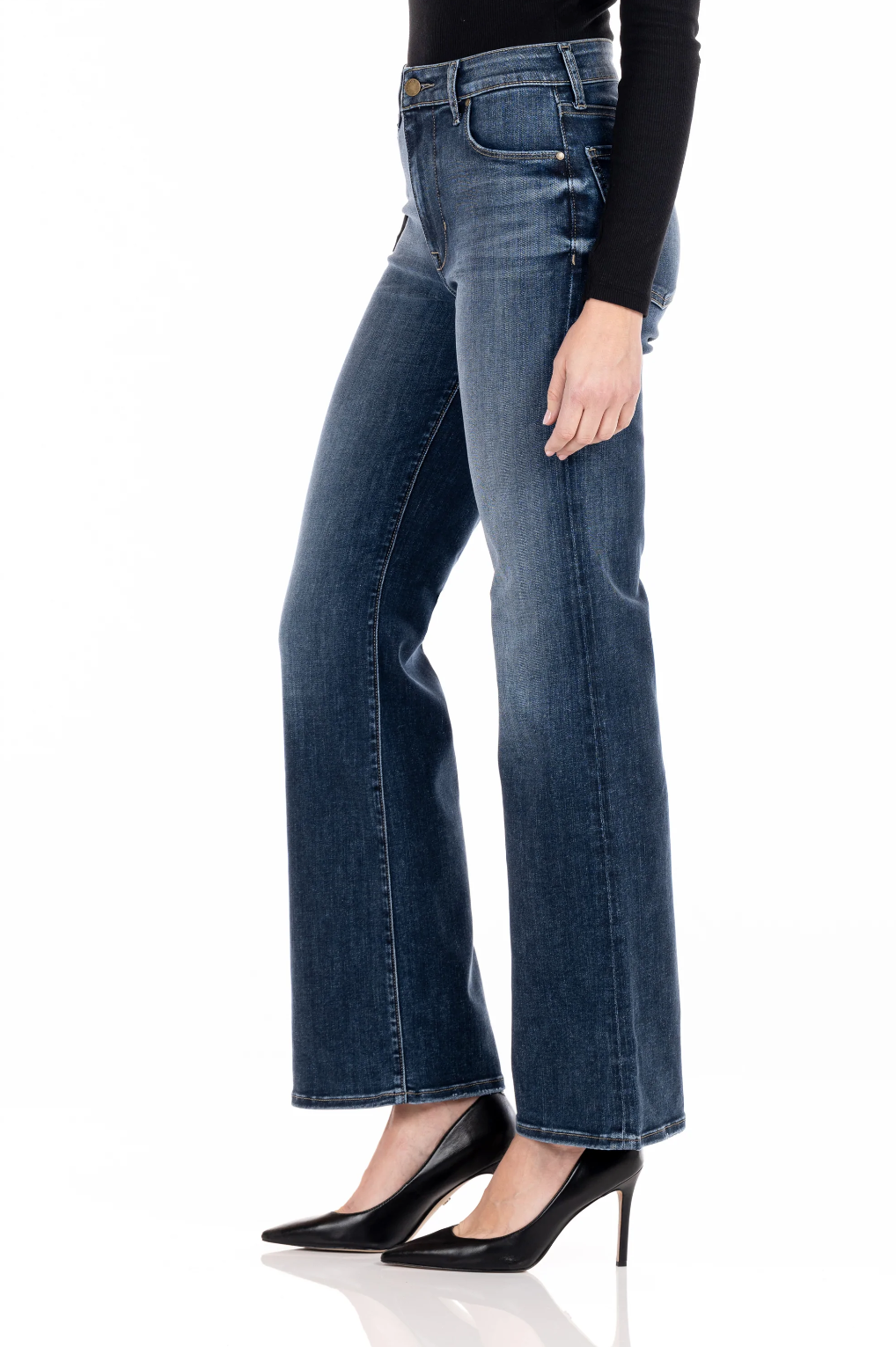 model wearing fidelity denim katie trouser fit in st tropez blue, shown from the side
