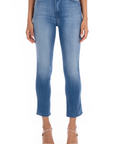 model wearing fidelity denim cher slim jean in st martin blue, shown from the waist down