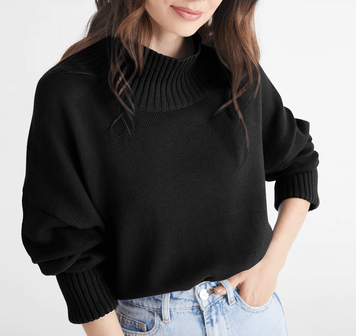 BLAIR COTTON MOCK NECK SWEATER black front close up view
