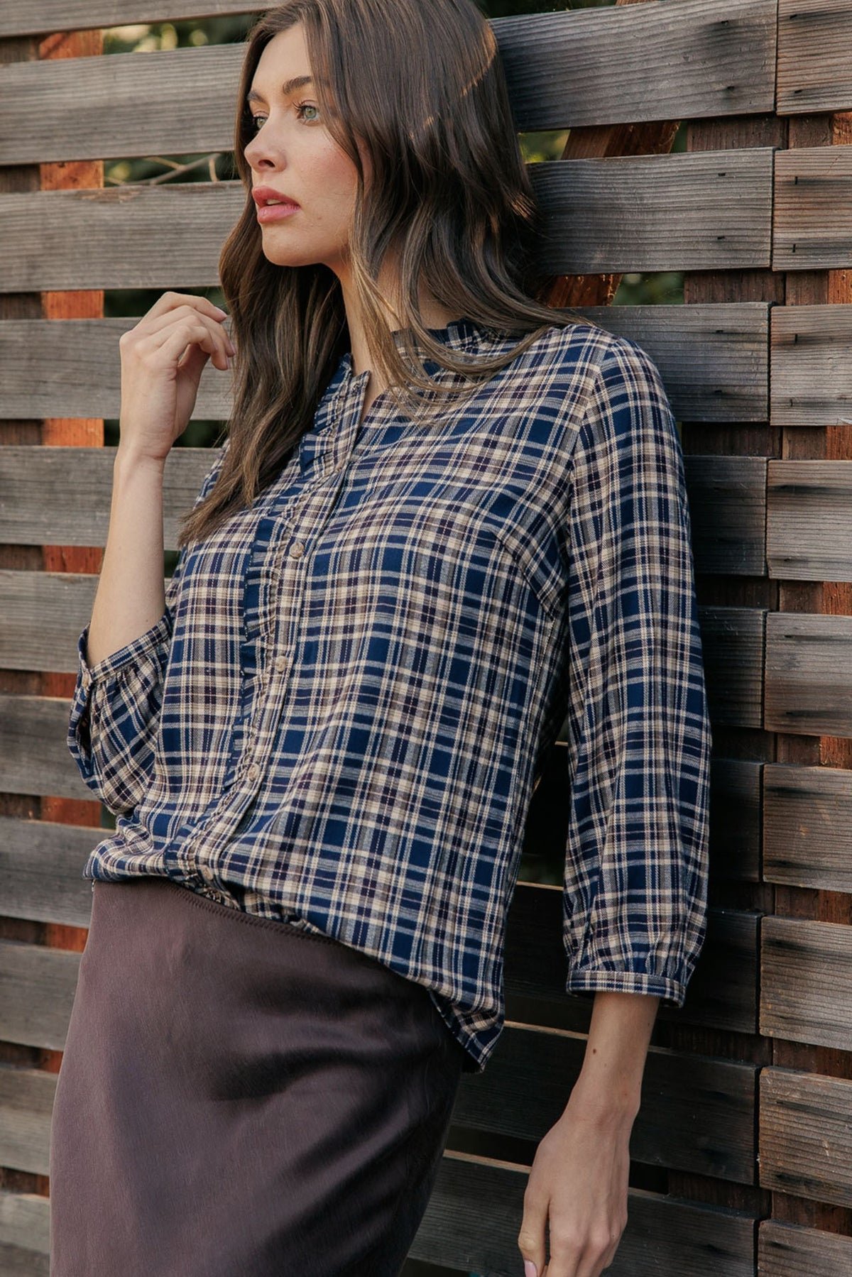 RUFFLE NECK PLAID BLOUSE
