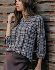 RUFFLE NECK PLAID BLOUSE