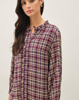 RUFFLE NECK PLAID BLOUSE