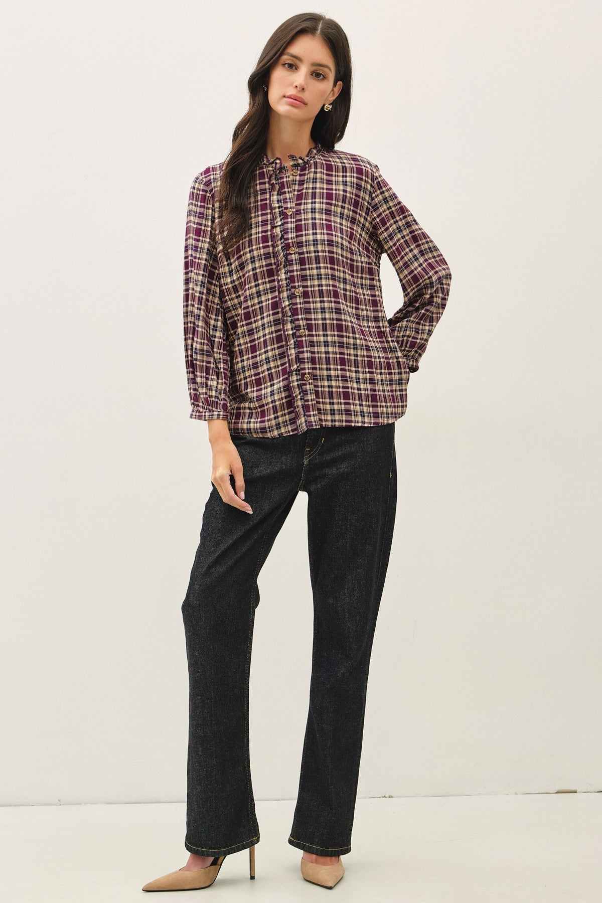 RUFFLE NECK PLAID BLOUSE