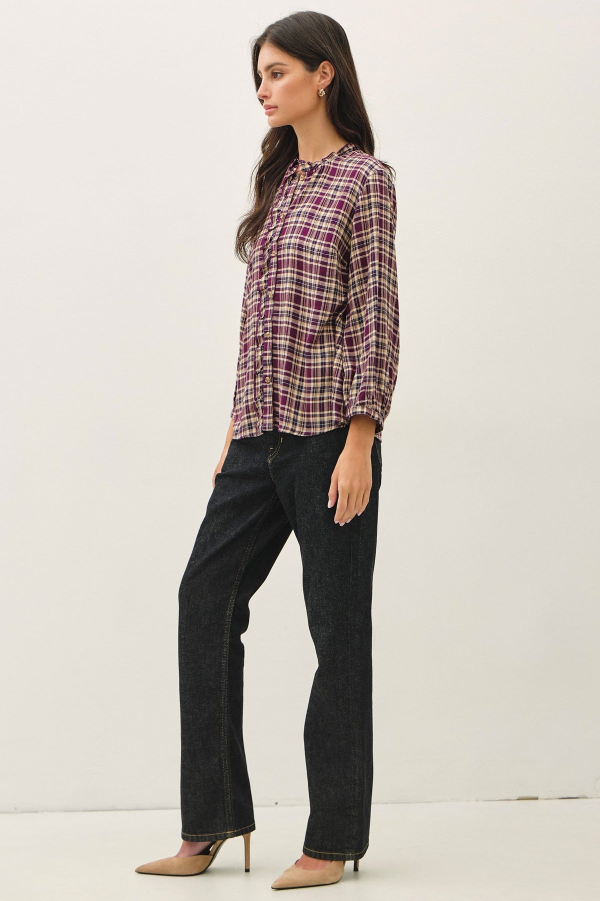 RUFFLE NECK PLAID BLOUSE