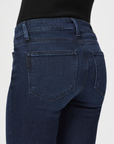 close up rear view of the skyline mid rise straight jean from paige in manifesto dark blue, showing rear pocket detail