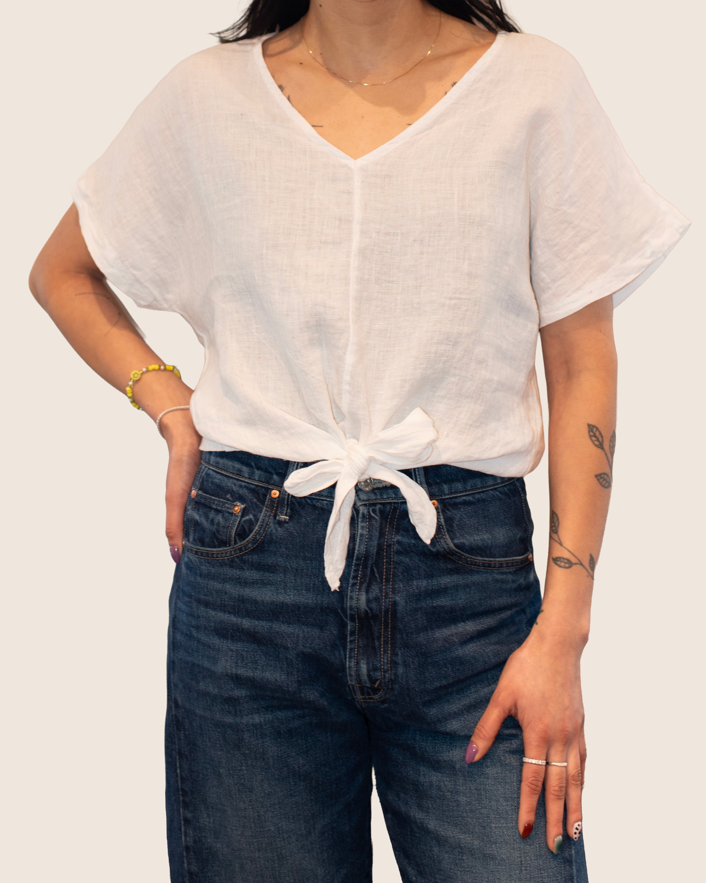 LINEN TIE FRONT POPOVER SHORT SLEEVE BLOUSE