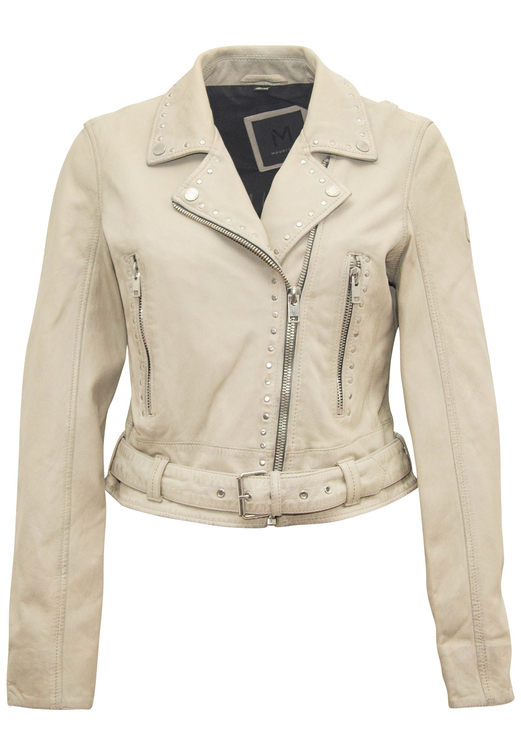 MARYN RF STUDDED LEATHER MOTO JACKET WITH BELT