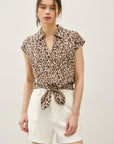 LEOPARD PRINT CAP SLEEVE TIE FRONT BLOUSE