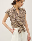 LEOPARD PRINT CAP SLEEVE TIE FRONT BLOUSE