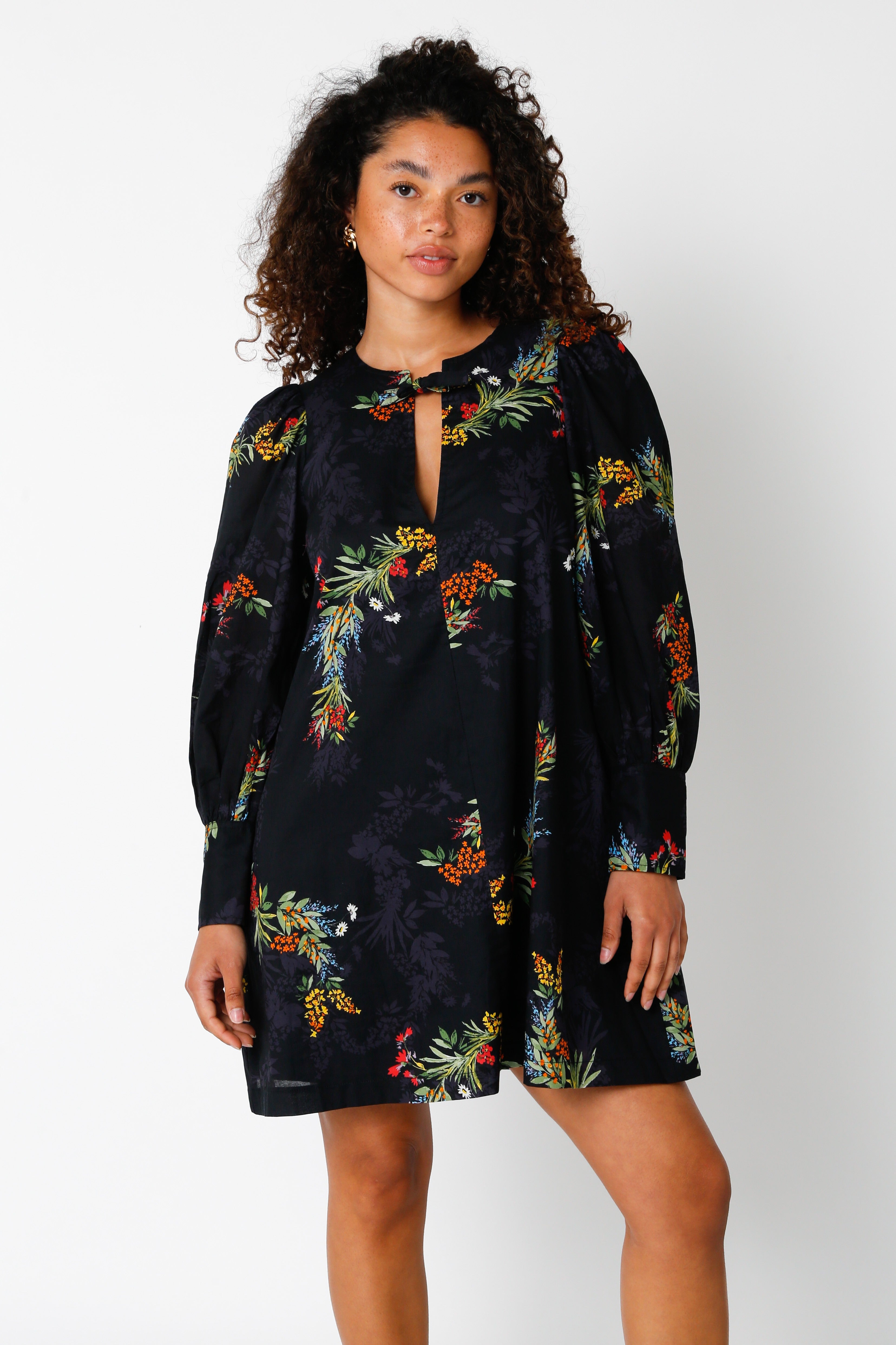 FLOWER PRINT LONG SLEEVE DRESS WITH POCKETS