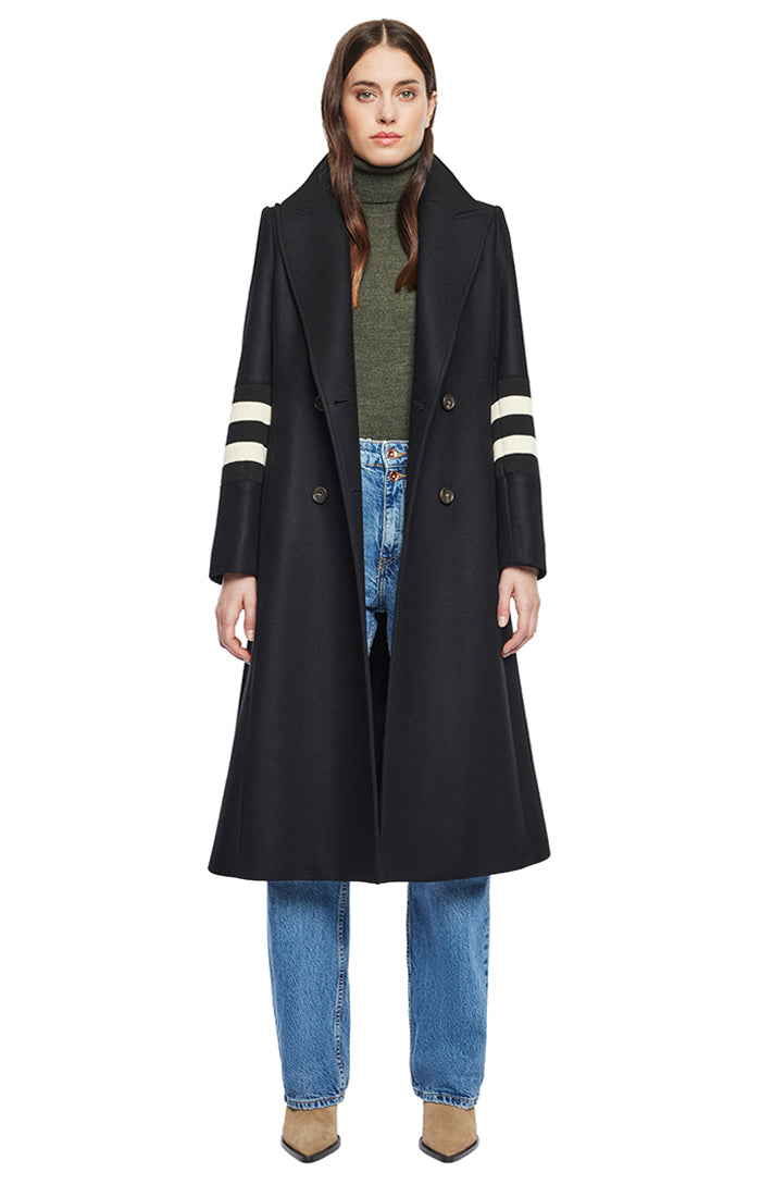 YVETTE VARSITY STRIPE LONG WOOL COAT