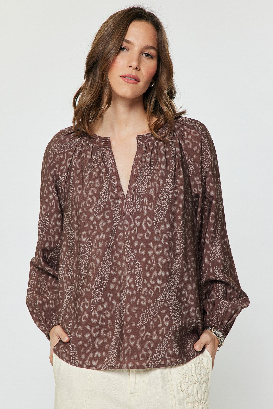 MIXED ANIMAL PRINT SPLIT NECK BLOUSE