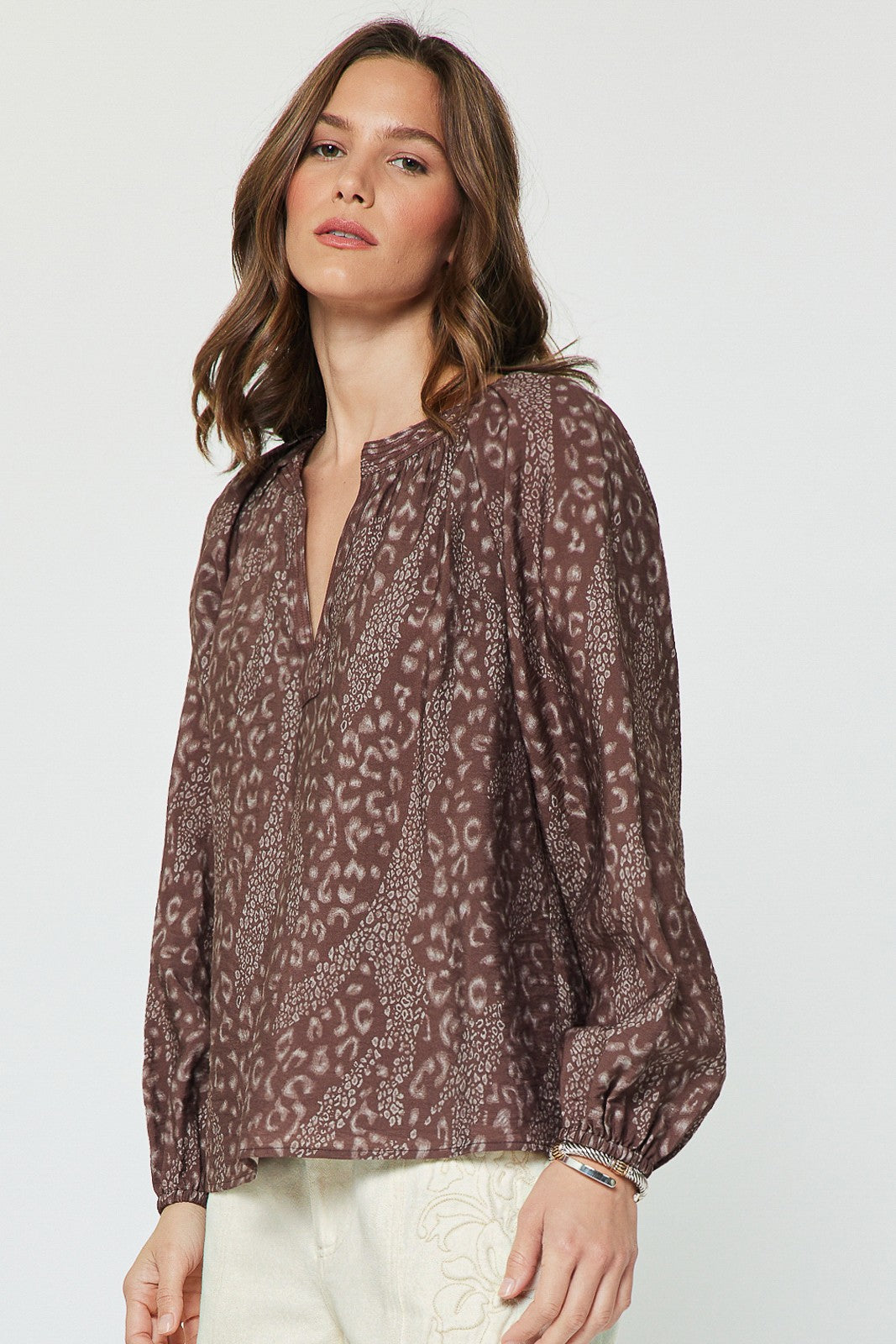 MIXED ANIMAL PRINT SPLIT NECK BLOUSE