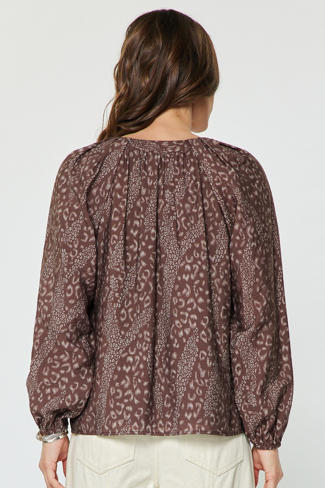MIXED ANIMAL PRINT SPLIT NECK BLOUSE