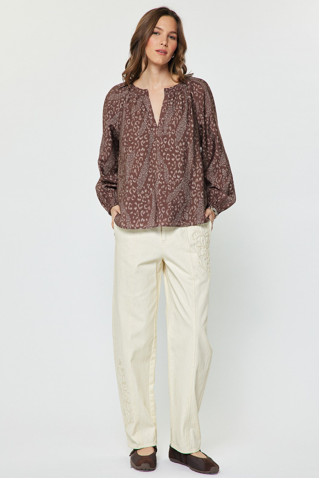 MIXED ANIMAL PRINT SPLIT NECK BLOUSE
