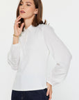 LACE TRIM MIXED MEDIA POLO COLLAR TOP