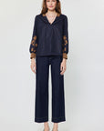 CONTRAST EMBROIDERED V-NECK BLOUSE