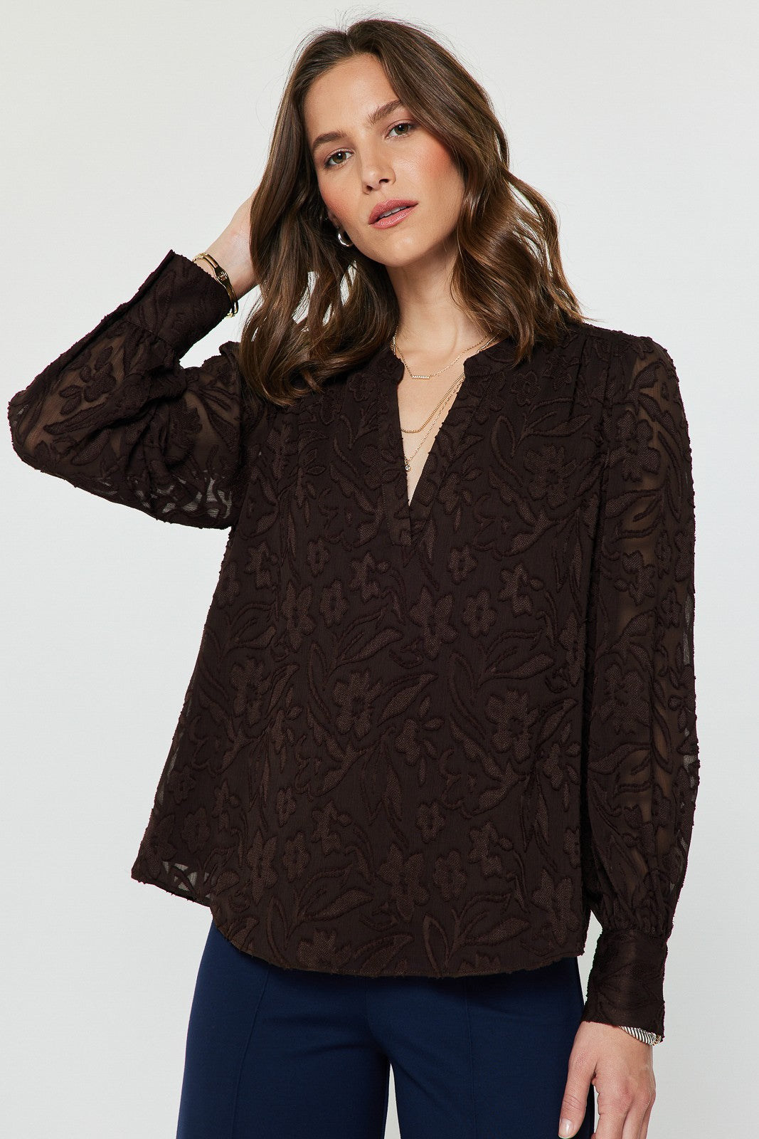 FLORAL JACQUARD SPLIT NECK BLOUSE