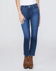 waist down front view of the cindy high rise straight jean from paige in dream weaver blue