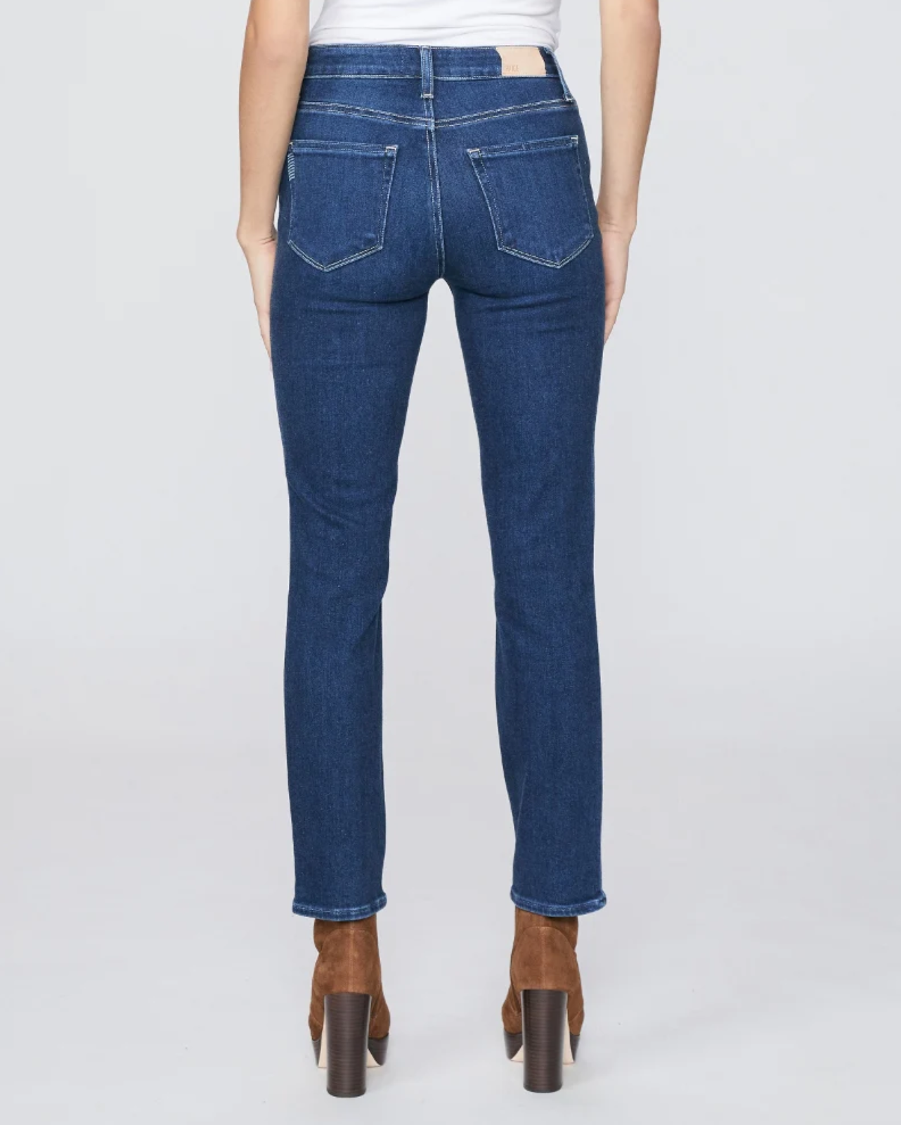 waist down rear view of the cindy high rise straight jean from paige in dream weaver blue