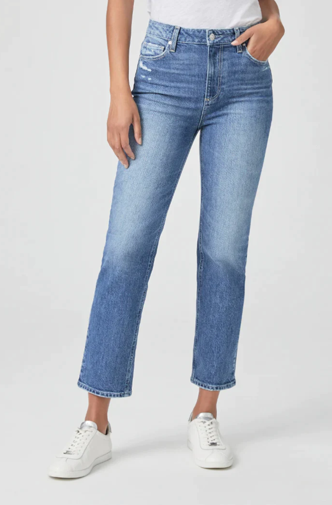 waist down front view of the sarah straight ankle jean in canyon moon distressed blue