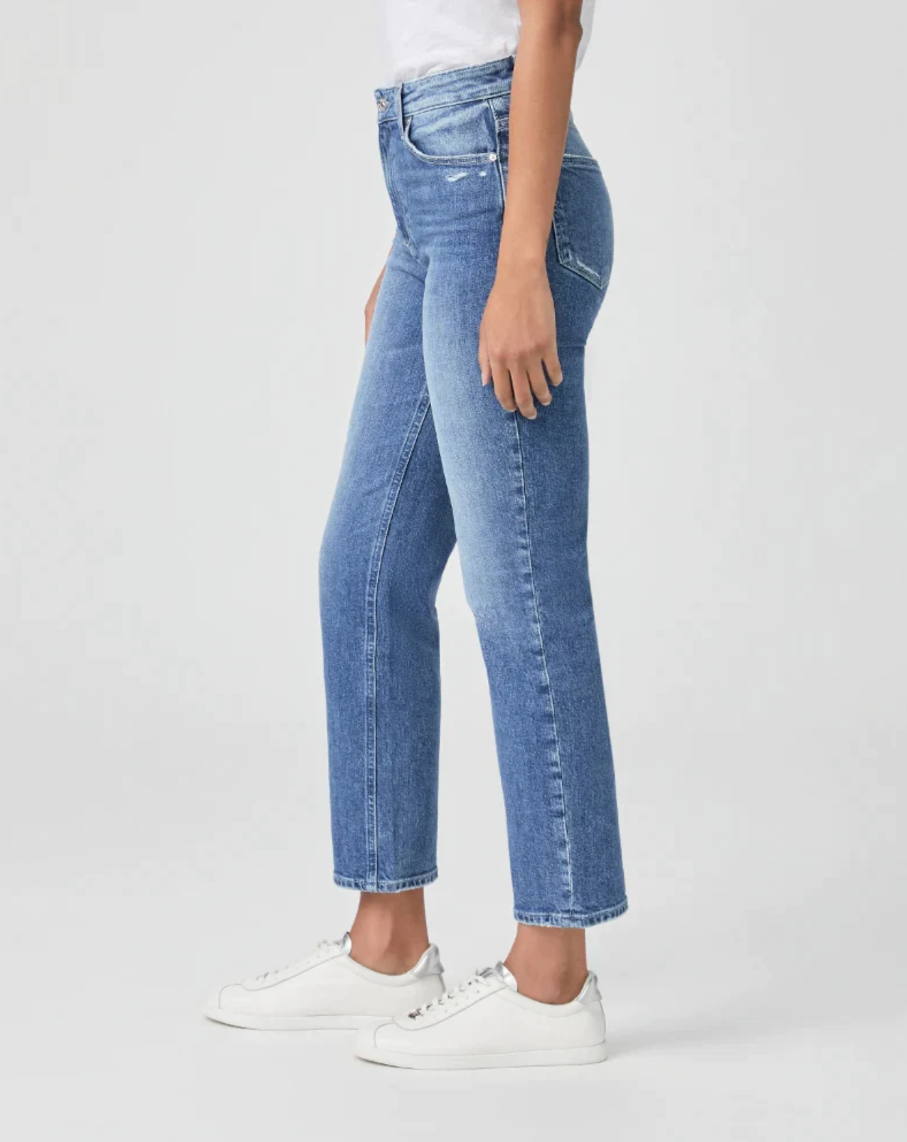 waist down side view of the federal slim straight jean from paige in russ blue