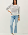 STRIPED OPEN STITCH 3/4 SLEEVE SWEATER